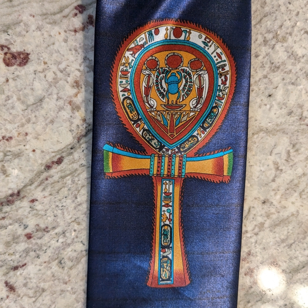 Silk 4" Wide Necktie Ankh Key Of Life Vtg Rare Regency France Blue Egyptian EUC